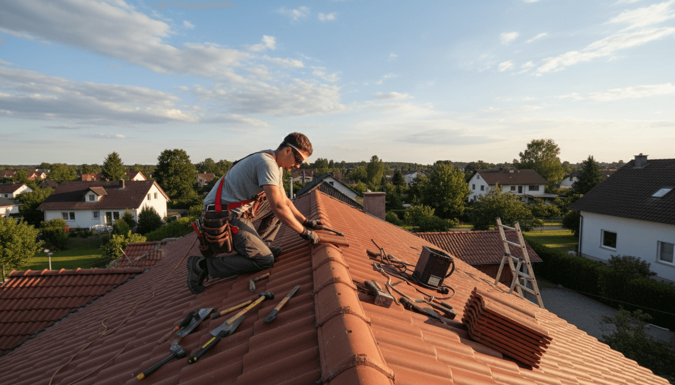 Couvreur réparant une toiture de maison avec des tuiles