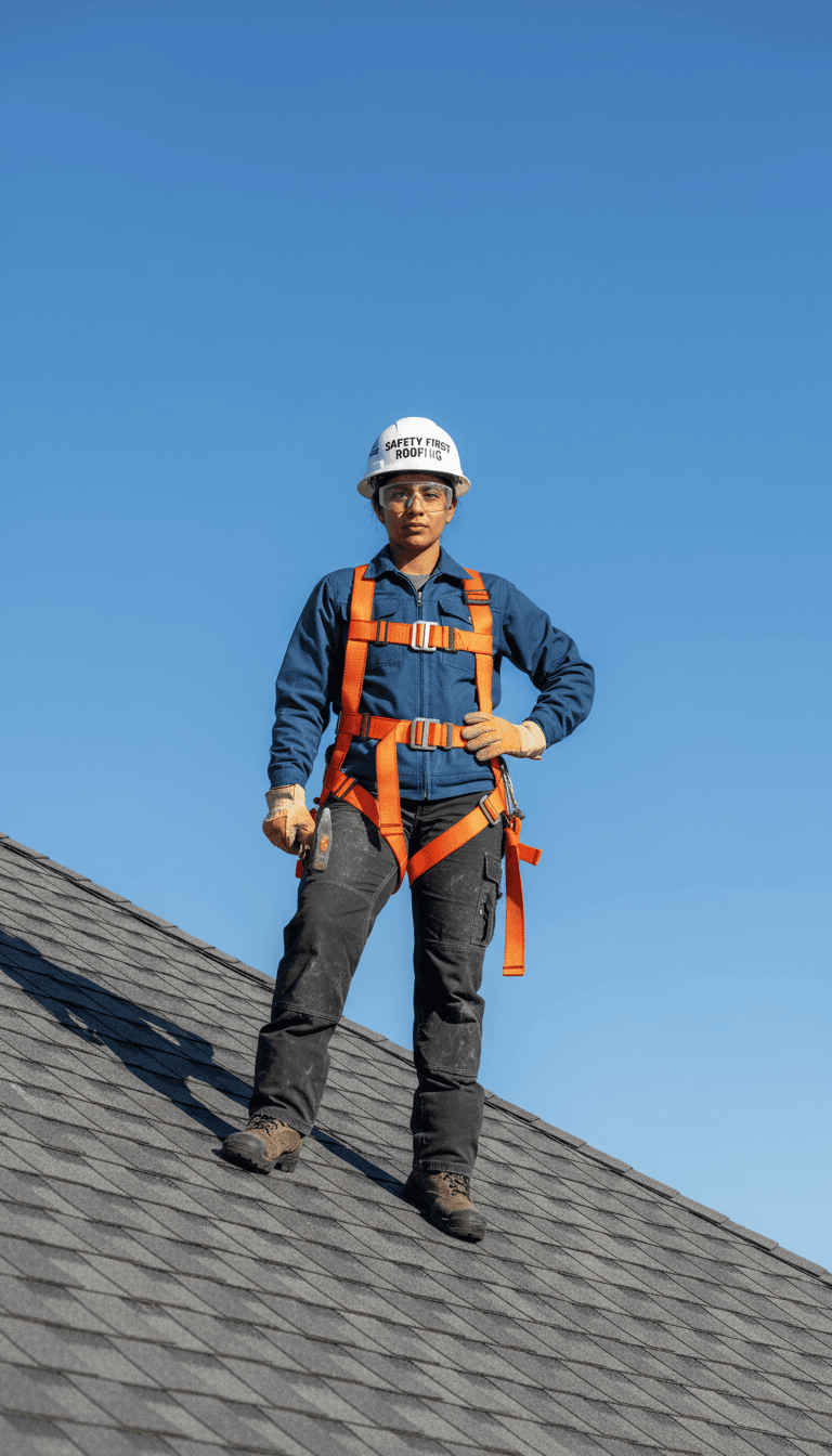 Professional roofer in full safety equipment standing on residential roof against blue sky